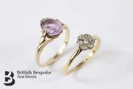 9ct Yellow Gold Amethyst Ring and Diamond Cluster Ring