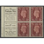 1937 1½d booklet cylinder 10 dot pane of 4 + 2 advertising labels "Use Better Stationery Fontana