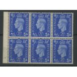 1940 2½d ultramarine booklet cylinder J5 no dot pane of 6 M/M on two stamps, trimmed at base.