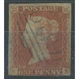 1841 1d red used with blue cancel, 3-4 margins, fine.