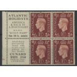 1937 1½d booklet cylinder 18 dot pane of 4 + 2 advertising labels "Atlantic Holidays Cunard White