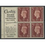 1937 1½d booklet cylinder 18 dot pane of 4 + 2 advertising labels "Cash's Name Tapes for Marking