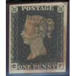 1840 1d black, C-F, F/U with red maltese cross, 4 large margins, light vertical crease at right.