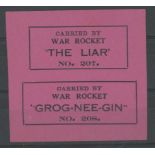 Rocket Mail labels: 1939 two joined labels in pink "Carried by War Rocket The Liar No.