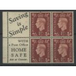 1937 1½d booklet cylinder G37 no dot pane of 4 + 2 advertising labels "Saving is Simple with a Post