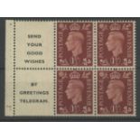 1937 1½d booklet cylinder 70 no dot pane of 4 + 2 advertising labels "Send Your Good Wishes by