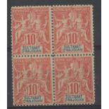 Anjouan: 1892 10c red block of 4 U/M, fine.