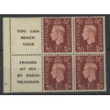 1937 1½d booklet cylinder 18 dot pane of 4 + 2 advertising labels "You Can Reach Your Friends at