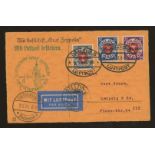 Graf Zeppelin Flight: Orange card franked with 3 overprinted Danzig stamps (SG 214,