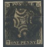 1840 1d black, T-J, used with black maltese cross, 4 margins, bottom left corner slightly thinned.