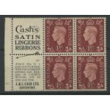 1937 1½d booklet cylinder 10 dot pane of 4 + 2 advertising labels "Cash's Satin Lingerie Ribbons".