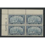 1933 Steamboat 5c plate 2 plate block of 4 Mint, mounted in margin.