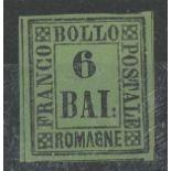 Romagna: 1859 6b black on green Mint, 4 margins, fine.