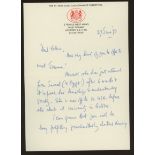 James Callaghan: 1990 handwritten letter signed "Jim C" on House of Lords letterhead.