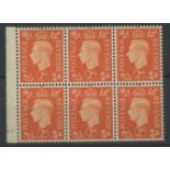 1940 2d orange booklet cylinder H7 no dot pane of 6 M/M on two stamps, fine.