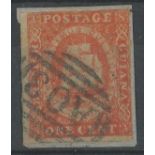 1853 1c vermilion used on piece, two margins only, slight surface damage at right.