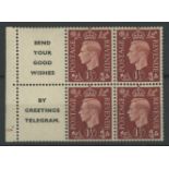 1937 1½d booklet cylinder 18 no dot pane of 4 + 2 advertising labels "Send Your Good Wishes by