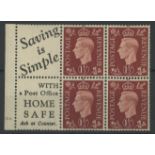 1937 1½d booklet cylinder 18 dot pane of 4 + 2 advertising labels "Saving is Simple with a Post
