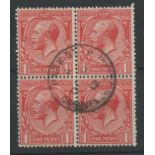 1912 (Oct 8th) Royal Cypher wmk 1d red block of 4 on piece with Park St CDS, fine.