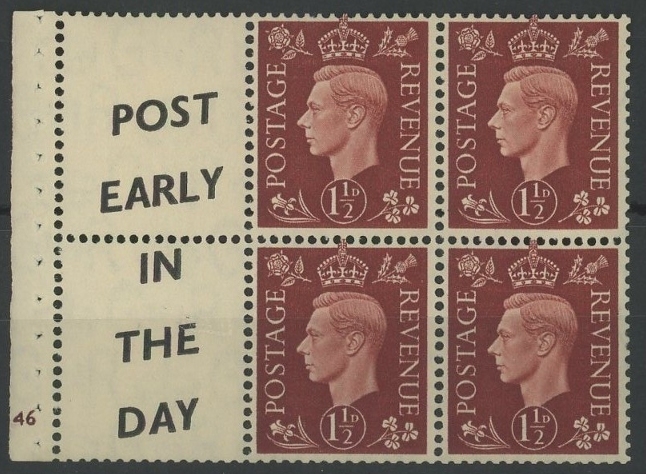 1937 1½d booklet cylinder 46 no dot pane of 4 + 2 advertising labels "Post Early in the Day".