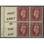 1937 1½d booklet cylinder 46 no dot pane of 4 + 2 advertising labels "Post Early in the Day".