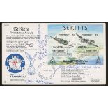 1990 St Kitts Battle of Britain min sheet FDC signed by 4 Battle of Britain participants.