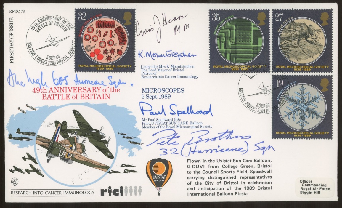 1989 Microscopes Battle of Britain RFDC FDC with extra signatures incl. Pete Brothers & A. Ingle.