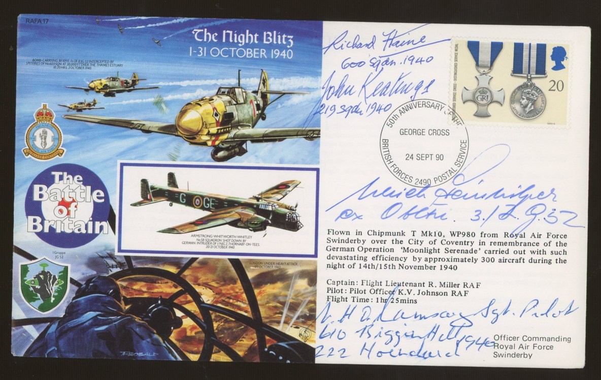 1990 The Night Blitz cover signed by 4 Battle of Britain pilots. Printed address, fine.