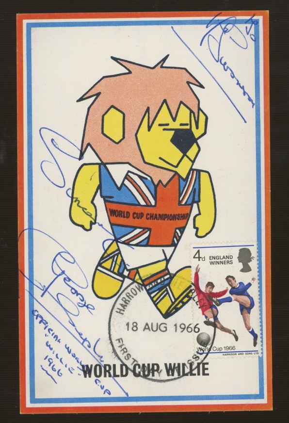 Football: 1966 England Winners World Cup Willie maximum card autographed by George Claydon