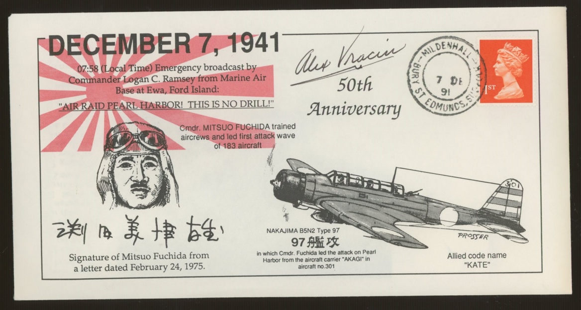 1991 50th Anniversary Pearl Harbor cover signed by US Navy Commander Alex Vraciu who shot down six