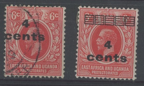 1919 4c on 6c scarlet with Bars omitted used, fine. With normal mint for comparison.