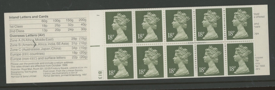 1988 Linnean Society Cyl. B13 left margin Miscut booklet, 1/1/6.