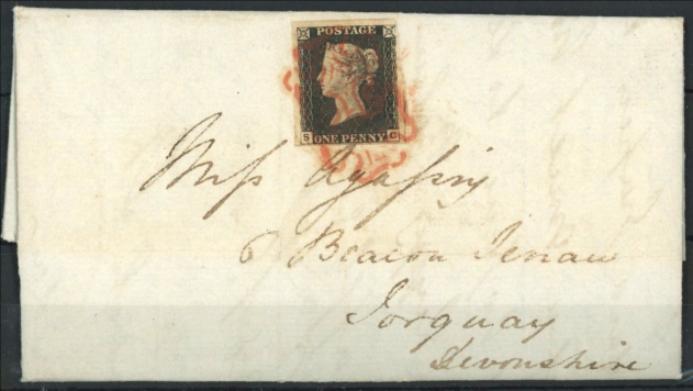 1840 1d black, plate 4, with re-entry, used on cover with red maltese cross, 4 good margins.