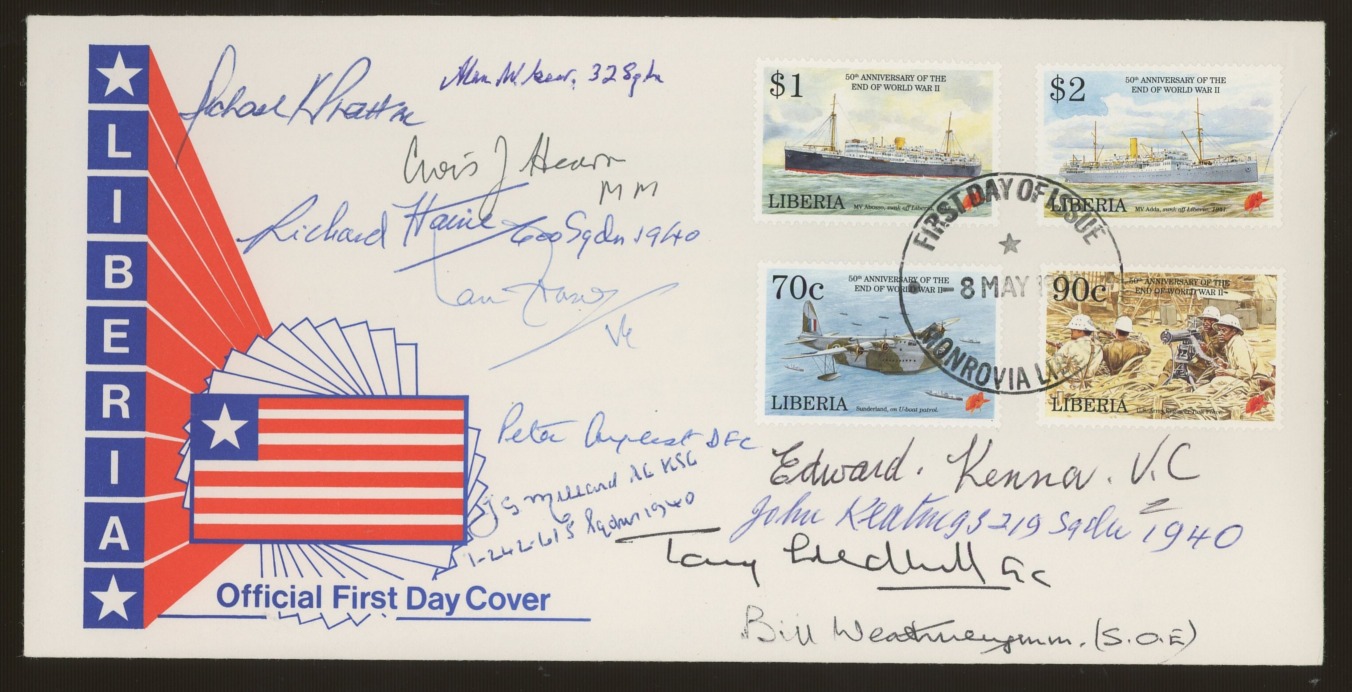 1995 Liberia End of World War II FDC signed by 11 World War II participants. Unaddressed, fine.