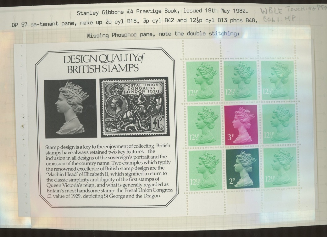 1982 SG booklet mixed value pane DP57 with column 1 Missing Phosphor & columns 2 & 3 Broad Bands at