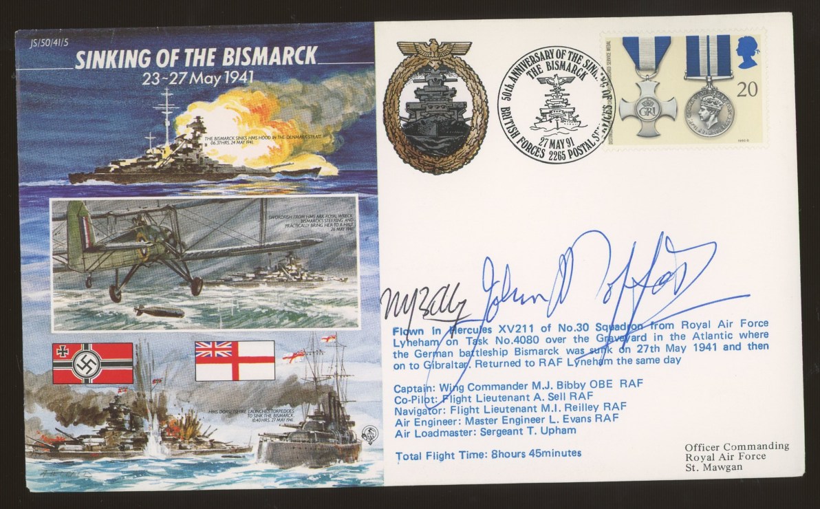 1991 Sinking of the Bismarck cover signed by Swordfish Pilot John Moffat,