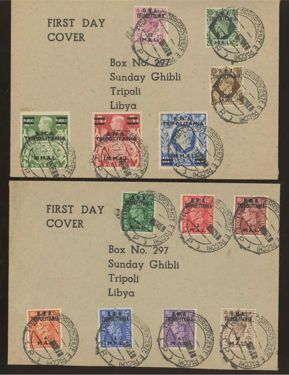 FDCs: 1948 (July 1st) BMA Tripolitania set of 13 on pair of Display FDCs. Printed address, fine.