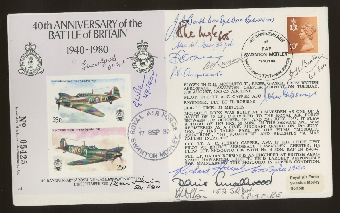 1980 RAF Battle of Britain cover signed by 13 Battle of Britain participants. Address label, fine.