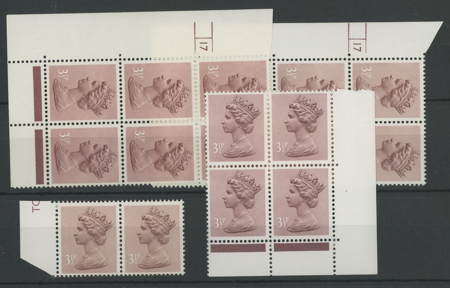 3½p PCP2 Cyl 17 No Dot & Cyl 17 Dot cyl blocks of 6 + pair & corner block of 4.