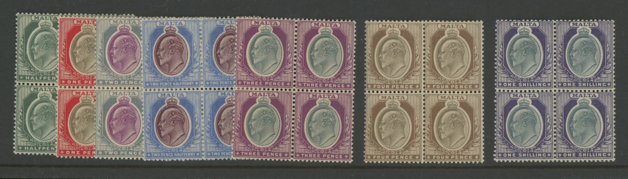 1903-04 wmk Crown CA set in Mint (mostly U/M) blocks of 4.