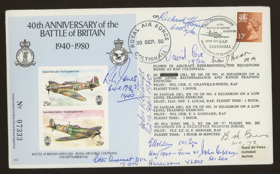 1980 Battle of Britain cover signed by 9 Battle of Britain participants. Address label, fine.