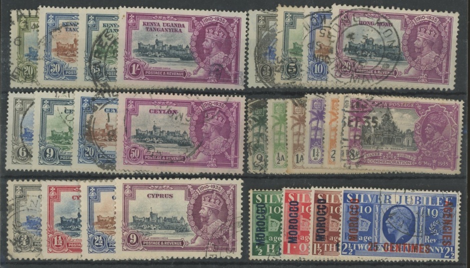 1935 Silver Jubilee sets used: Ceylon, Cyprus, Hong Kong, India, KUT & Morocco Agencies (French).