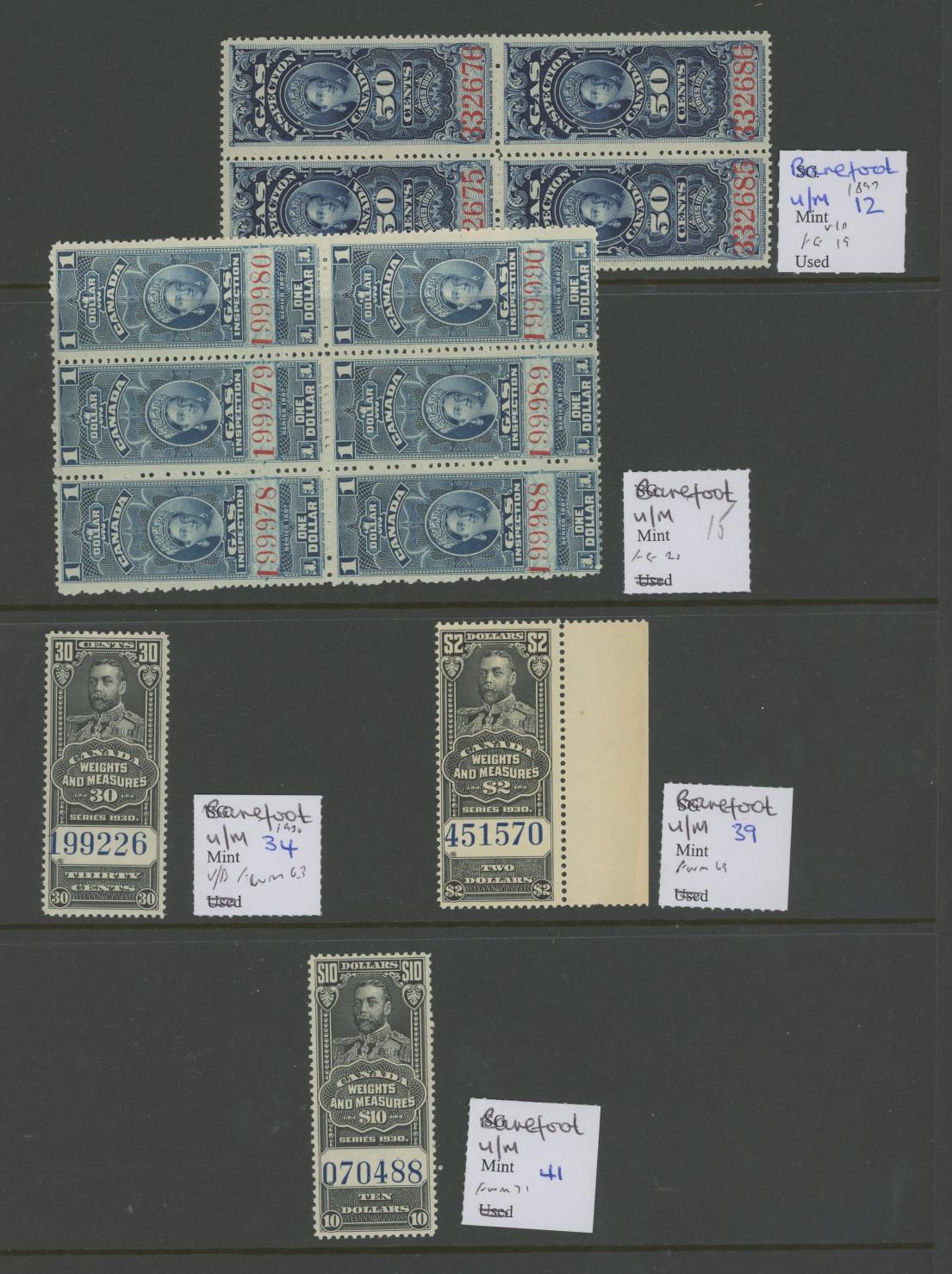 Revenues: 1897 Gas Inspection 50c block of 4, $1 block of 6 Van Dam FG19 & FG21,