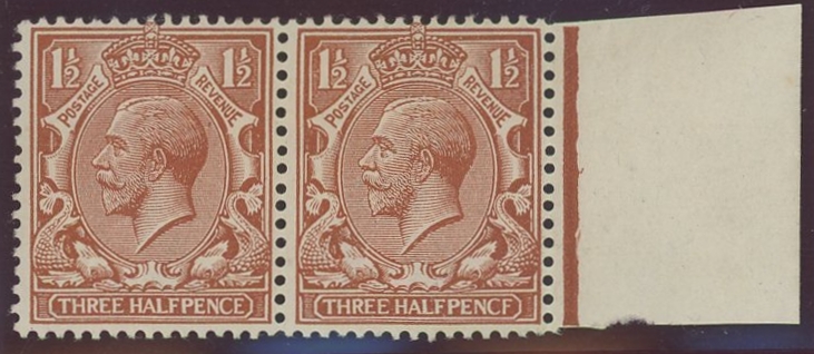 1912-24 wmk Royal Cypher 1½d chestnut horizontal pair, right stamp with "PENCF" error. Mint, fine.