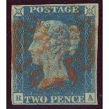 1840 2d blue, R-A, used with central red maltese cross, 4 margins, slight toning on reverse.