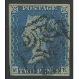 1840 2d blue, M-K, used with black maltese cross, 4 margins, small thin on reverse.