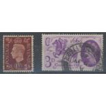 1937 1½d red-brown with Crown flaw used (SG Q7d Cat £125 Mint) & 1960 GLO 3d with Broken Mane var.