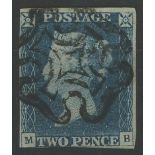 1840 2d blue, M-B, used with black maltese cross, 3 margins, slightly cut into at bottom,