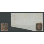 1840 1d black, C-B, used on piece with red maltese cross, 4 margins,
