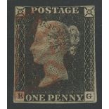 1840 1d black, E-G, F/U with red maltese cross, 4 margins, fine.